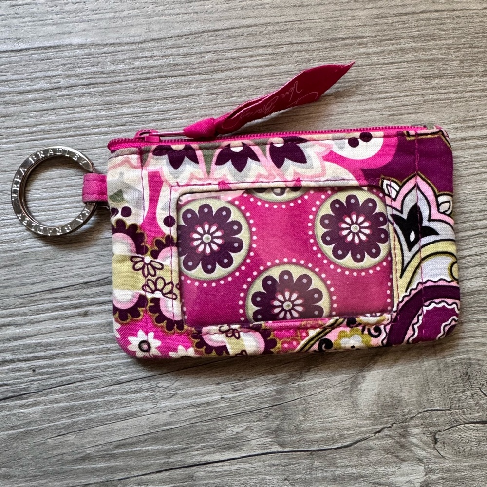 Vera Bradley Zip ID Case Key Ring VERY BERRY PAISLEY Wallet Bag White Pink Green